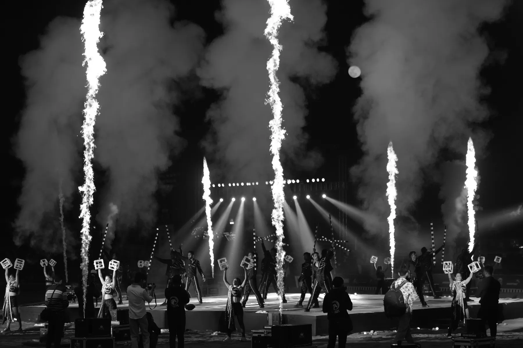 Fire jets and dancers at the opening ceremony