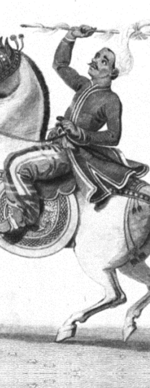 Antique engraving of a horseman with a polo stick