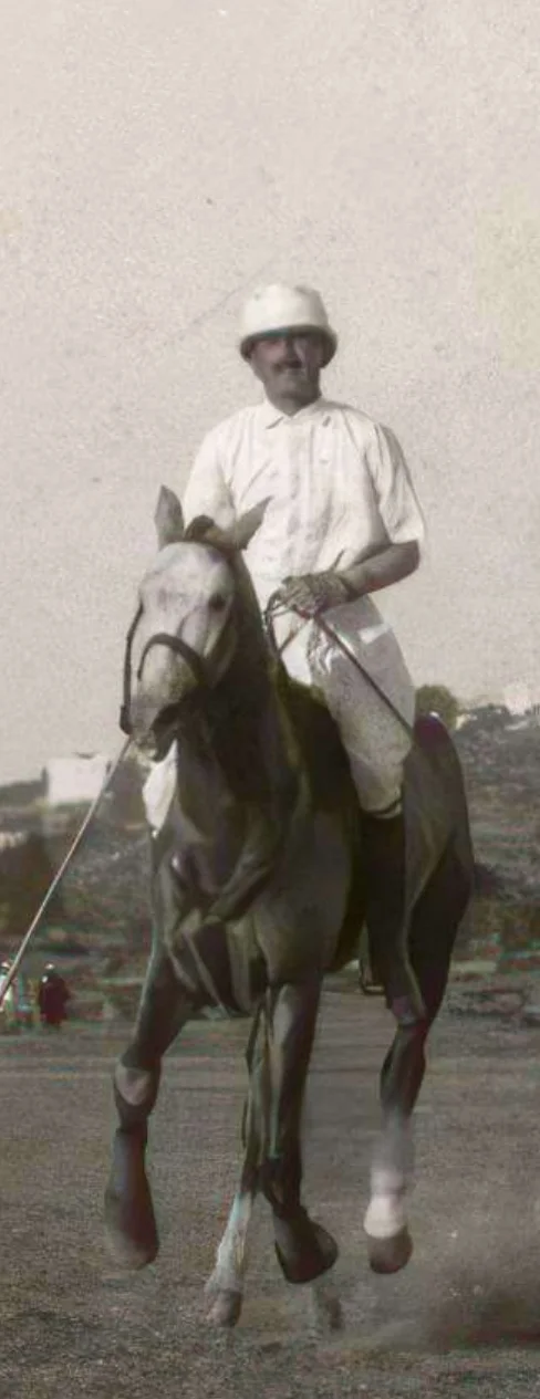 Sepia photograph of an early twentieth-century polo player