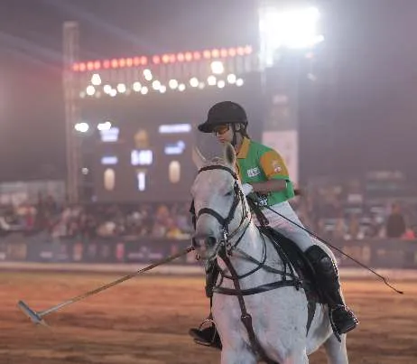 A rider on a grey pony during the women's match